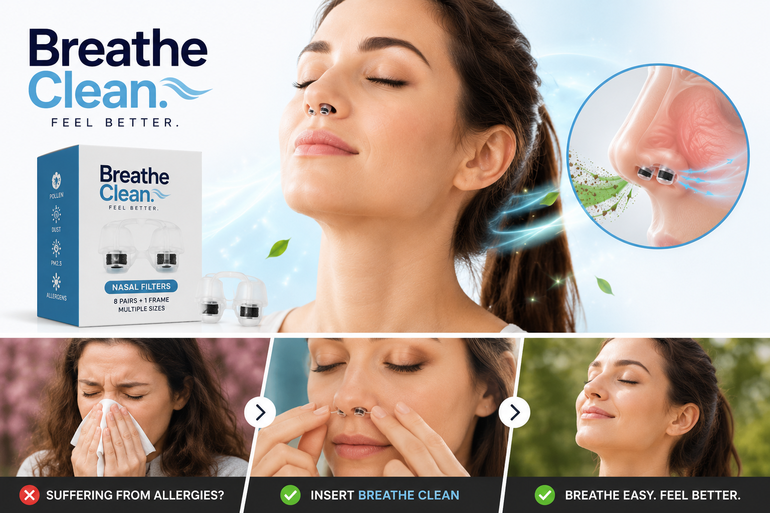 ClearBreeze Invisible Nasal Filters – Pollen, Dust & Allergy Protection Kit.